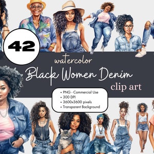 42 枚のブラックデニムガールズ クリップアート バンドル、アフリカ系アメリカ人女性 PNG 昇華バンドル 商用利用グラフィックス ジーンズ 水彩 デジタル クリップアート