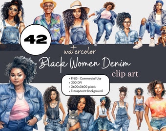 42 Black Denim Girls Clipart Bundle, African American Women PNG Sublimation Bundle Commercial Use Graphics Jeans Watercolor Digital Clip Art