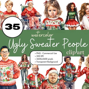 35 lelijke kersttrui mensen clipart bundel, mannen vrouwen PNG sublimatie bundel commercieel gebruik graphics aquarel mode illustraties