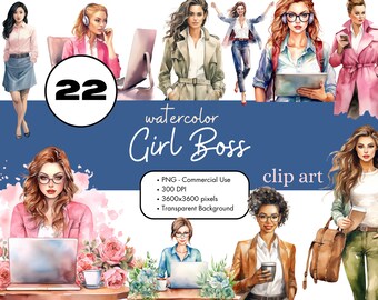 22 Girl Boss Lady Aquarelle Clipart Bundle, Personnes Ordinateur portable PNG Sublimation Bundle Utilisation commerciale Graphique Bureau Femmes Digital Clip Art