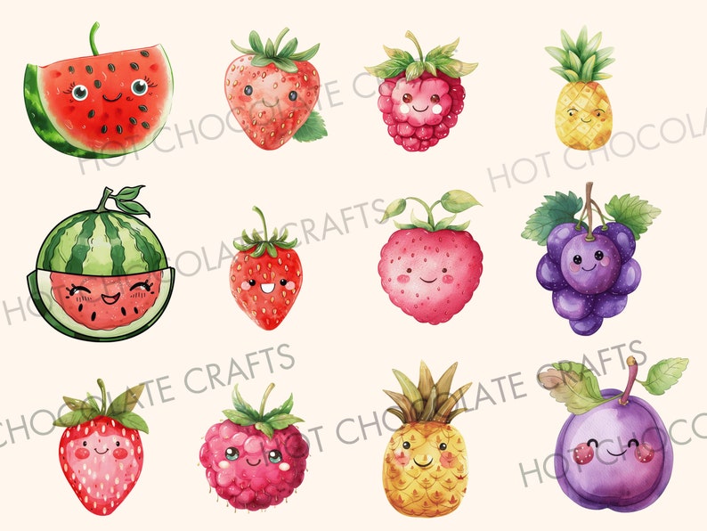 40 Kawaii Fruit Watercolor Clipart Sublimation Bundle PNG Commercial ...