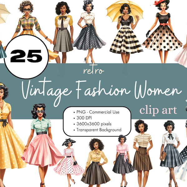 25 Retro Vintage Fashion Black Girls Clipart PNG Sublimation Bundle Commercial Use Graphics African American 1950s Women Paper Doll clip art