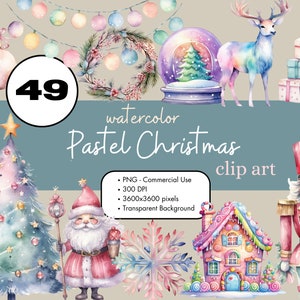 49 Pastel Navidad Acuarela Clipart Sublimación Paquete PNG Uso Comercial Gráficos Elegante Vacaciones Invierno Santa Tree Clip Art