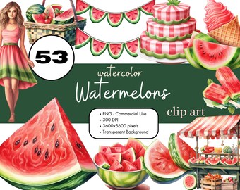 53 Watermelon Watercolor Clipart Sublimation Bundle PNG Commercial Use Graphics Invitations Digital Download Food Tropical Fruit Clip Art