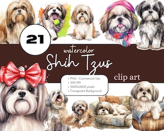 21 Shih Tzu Dogs Watercolor Clipart PNG Sublimation Bundle Commercial Use Graphics Pets Animal Cute Puppy Digital Scrapbooking Clip Art