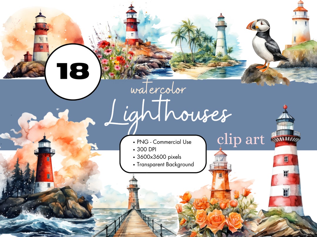 18 Lighthouses Watercolor Clipart Sublimation Bundle PNG Commercial Use ...