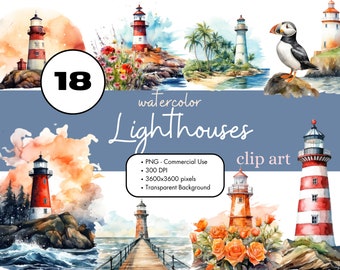 May include: A set of 18 watercolor illustrations of lighthouses, featuring red and white striped lighthouses, palm trees, ocean waves, and a puffin. The illustrations are perfect for creating nautical themed designs.