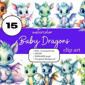 15 Baby Draken Aquarel Clipart Sublimatie Bundel PNG Commercieel Gebruik Graphics Junk Journal Digitale Fantasy Cute Dragon Clip Art