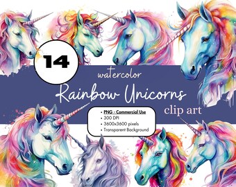 14 Rainbow Unicorn Portraits Watercolor Clipart PNG Sublimation Bundle Commercial Use Graphics Animal Fantasy Whimsical Digital Clip Art