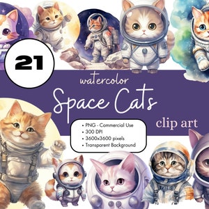 21 Weltraum Katzen Aquarell Clipart Sublimationspaket PNG Kommerzielle Nutzung Grafiken Digitaler äußerer Astronaut Universum Alien Kätzchen Clip Art