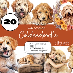 20 Goldendoodle Acuarela Clipart Sublimación Paquete PNG Uso Comercial Invitaciones Scrapbooking Digital Doodle Golden Dog Mamá Raza