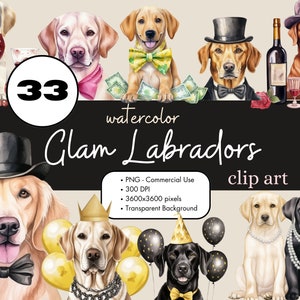 May include: A set of 33 watercolor illustrations of glamorous Labrador Retriever dogs wearing hats, bow ties, and jewelry. The dogs are in various poses and expressions, and some are holding wine glasses or bottles. The illustrations are perfect for use in digital scrapbooking, card making, and other creative projects.