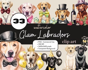 Glam Labrador Watercolor Clipart Bundle, Party Dogs (PNG)