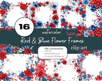 16 Red Blue Flower Borders Frames Watercolor Clipart Sublimation Bundle PNG Commercial Use Graphics Floral Rose Patriotic Cards Clip Art