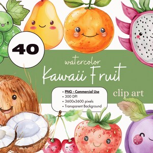 40 Kawaii Fruit Watercolor Clipart Sublimation Bundle PNG Commercial Use Graphics Invitations Digital Download Food Tropical Apple Clip Art