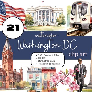 21 Washington DC Viagem Aquarela Clipart Sublimação Design Elements Bundle PNG Uso Comercial Gráficos Distrito de Columbia EUA América