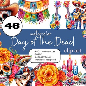 46 Jour des morts aquarelle Clipart sublimation Bundle PNG pour usage commercial graphiques mexicaine Catrina Dia de los Muertos Sugar Skull numérique