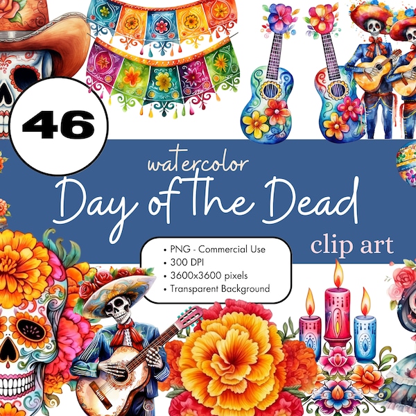 46 Day of the Dead Watercolor Clipart Sublimation Bundle PNG Commercial Use Graphics Mexican Catrina Dia de los Muertos Sugar Skull Digital