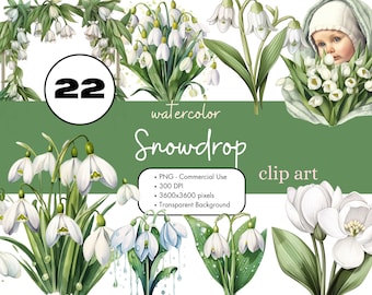 22 Snowdrop Flowers Watercolor Clipart Sublimation Bundle PNG Commercial Use Houseplants Graphics White Plants January Birth Month Clip Art