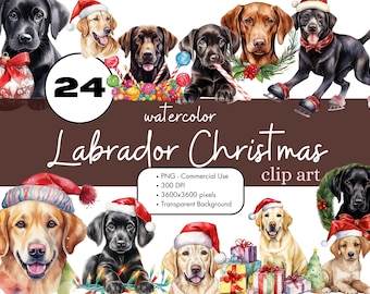 24 Labrador Retriever Christmas Dogs Watercolor Clipart PNG Sublimation Bundle Commercial Use Graphics Black Lab Holiday Digital Clip Art