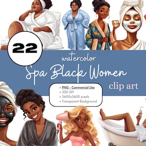 22 zwarte meisjes spa zelfzorg clipart bundel, Afro-Amerikaanse vrouwen PNG sublimatie bundel commercieel gebruik vrouwen gewaden aquarel digitaal