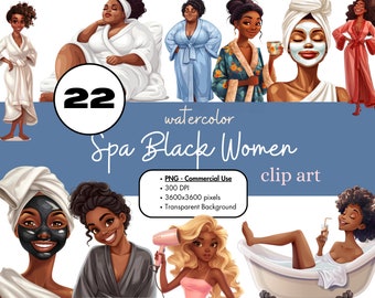 22 Black Girls Spa Self Care Clipart Bundle, African American Women PNG Sublimation Bundle Commercial Use Women Robes Watercolor Digital