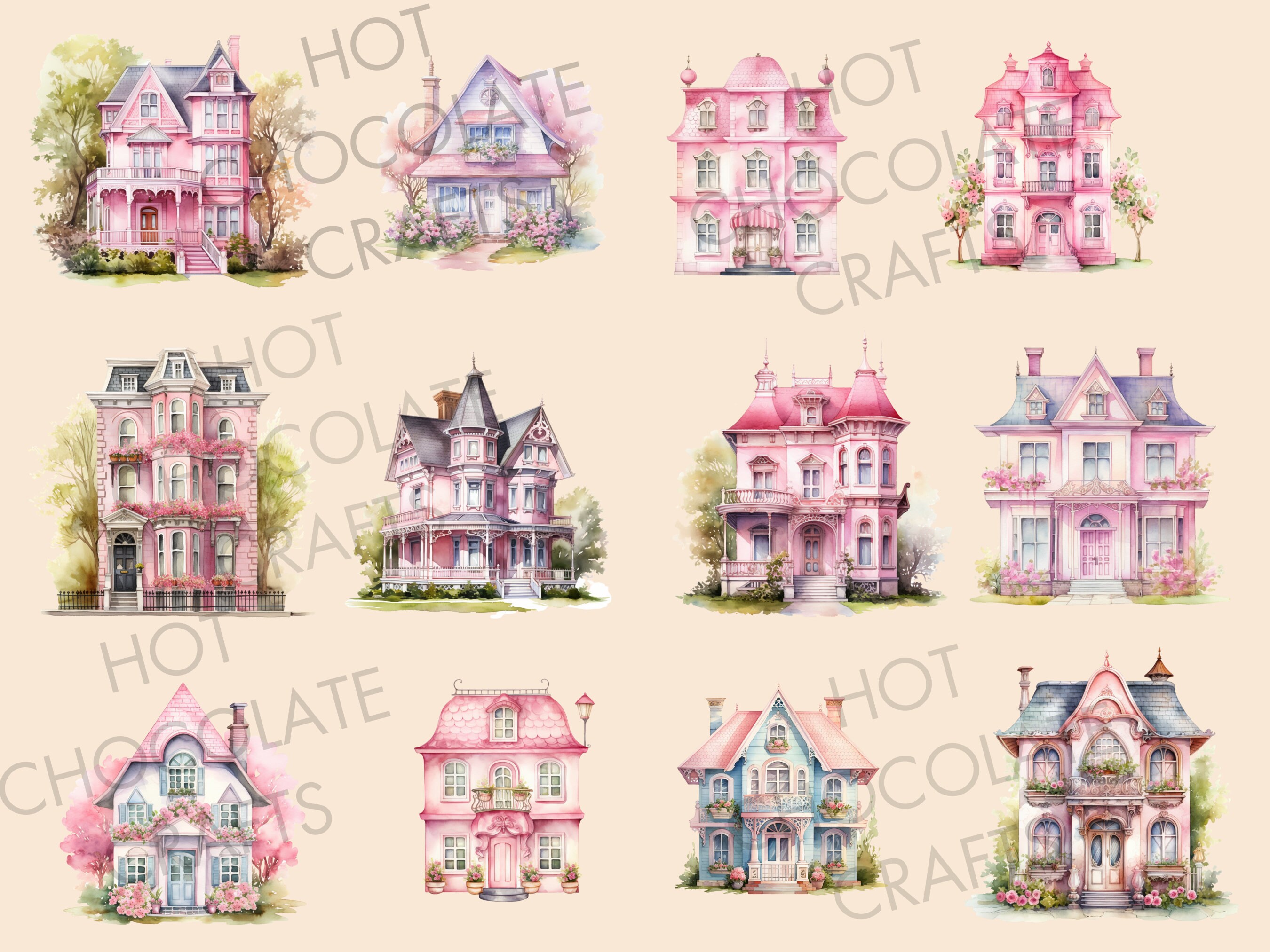 14 Pink Houses Watercolor Clipart Sublimation Bundle PNG Commercial Use ...