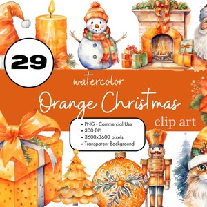 29 Orange Christmas Watercolor Clipart Sublimation Bundle PNG Commercial Use Graphics Elegant Holiday Winter Santa Pastel Digital Clip Art