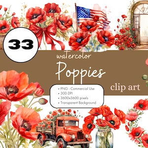 33 Papoulas Aquarela Clipart Sublimação Pacote PNG Uso Comercial Gráficos Dia dos Veteranos Papoula Flores Silvestres Vermelhas Floral Verão Arte Digital