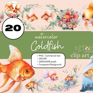 金魚の水彩画クリップアート 20 枚 PNG 昇華バンドル 商用利用グラフィック 水族館 ペット 魚 イラスト スクラップブック デジタル クリップアート