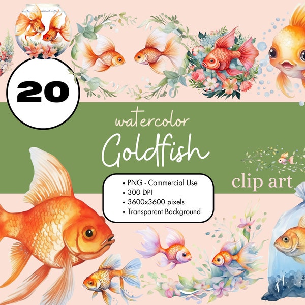 20 Goldfish Watercolor Clipart PNG Sublimation Bundle Commercial Use Graphics Aquarium Pet Fish Illustrations Scrapbooking Digital Clip Art