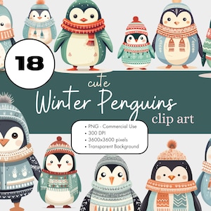 18 Pingüinos de invierno en ropa Acuarela Clipart Sublimación Paquete PNG Uso comercial Gráficos Navidad Escandinavo Lindos Animales Digital