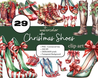 29 Christmas Shoes Watercolor Clipart Sublimation Bundle PNG Commercial Use Graphics Elegant Holiday Winter Boots High Heels Fashion