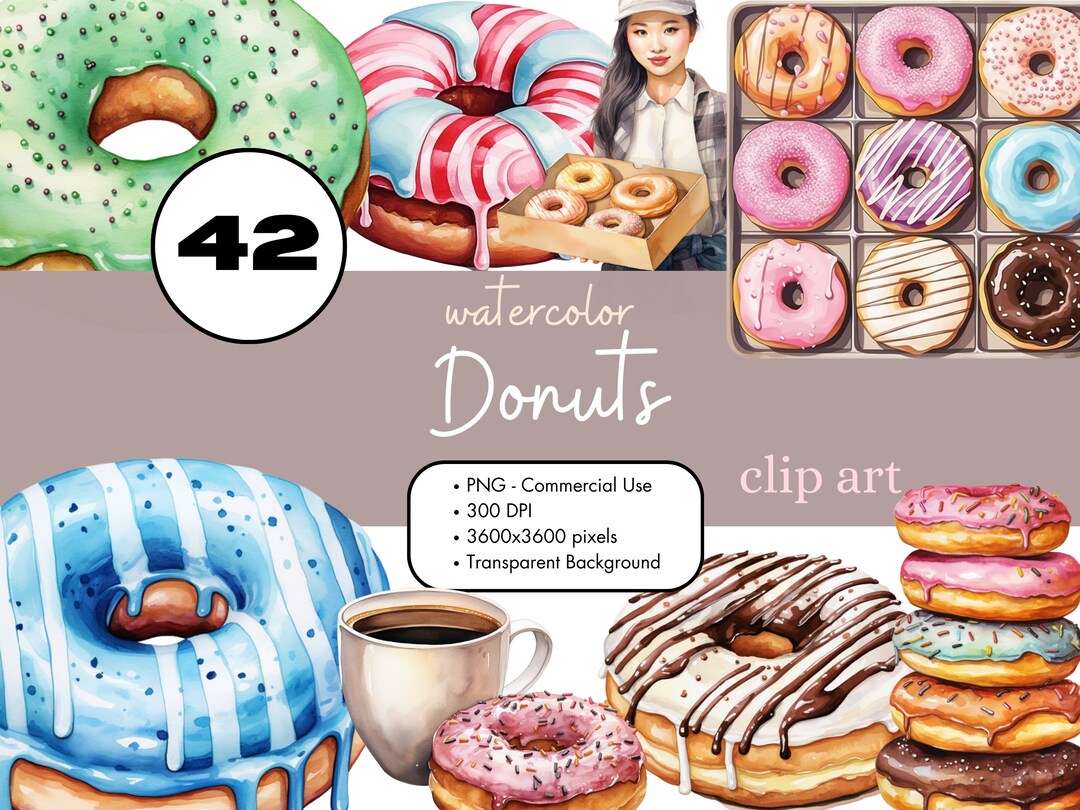 42 Donuts Watercolor Clipart Sublimation Bundle PNG Commercial Use ...
