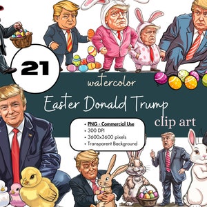 21 Pâques Donald Trump aquarelle Clipart Bundle, sublimation PNG Bundle graphiques à usage commercial Funny President Bunny America USA Images