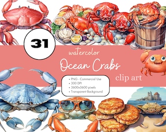 31 granchi acquerello Clipart PNG sublimazione bundle uso commerciale grafica blu rosso oceano frutti di mare Sealife digitale Clip Art Scrapbooking