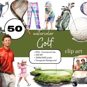 50 Golf Acquerello Clipart PNG Sublimazione Bundle Uso commerciale Grafica Gioco di golf Illustrazione Sport ClipArt digitali