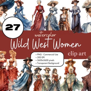 27 Wild West Women Watercolor Clipart Sublimation Bundle PNG Commercial Use Graphics Digital Old Vintage 1800s Western Madame Clip Art