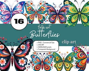 16 Folk Art Butterflies Clipart Sublimation Bundle PNG Commercial Use Graphics Elegant Butterfly Insect Rosemaling Cute Digital Clip Art