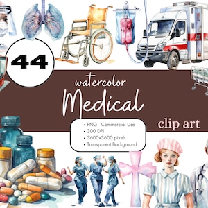 44 Medical Watercolor Clipart PNG Sublimation Bundle Commercial Use Graphics Ambulance Nurse Doctor Hospital Healthcare Digital Clip Art