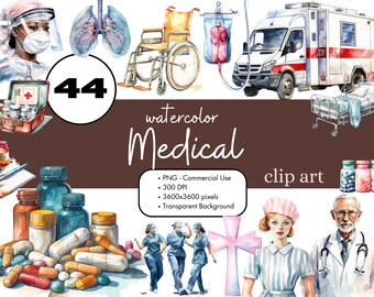 44 Medical Watercolor Clipart PNG Sublimation Bundle Commercial Use Graphics Ambulance Nurse Doctor Hospital Healthcare Digital Clip Art
