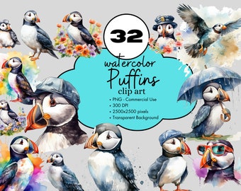 32 Puffins Watercolor Clipart Sublimation Design Elements Bundle PNG Commercial Use Animals Graphics Atlantic Bird Iceland Animal Clip Art