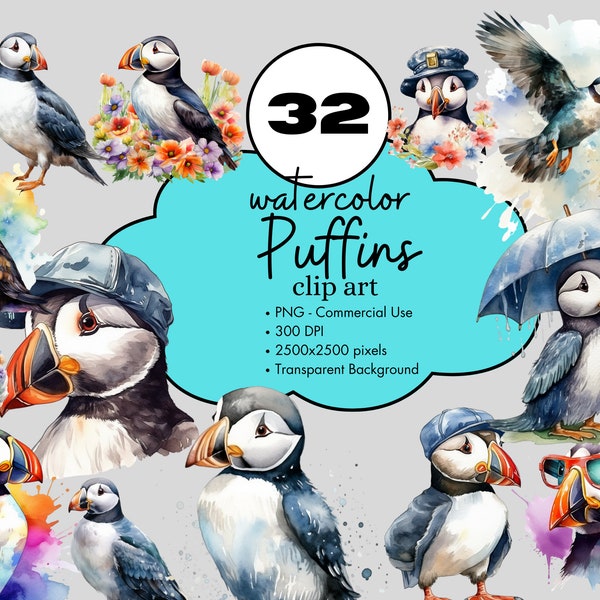 32 Puffins Watercolor Clipart Sublimation Design Elements Bundle PNG Commercial Use Animals Graphics Atlantic Bird Iceland Animal Clip Art