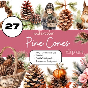 27 Pine Cones Watercolor Clipart PNG Sublimation Bundle Commercial Use Graphics Forest Christmas Pinecone Tree Digital Clip Art Bundle