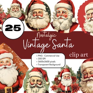 25 Vintage Nostálgico Papai Noel Feriado Clipart Sublimação Pacote PNG Uso Comercial Imprimível Midcentury Ephemera Natal Clip Art