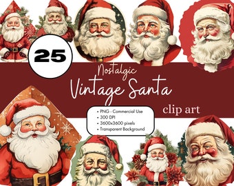 25 Vintage Nostalgic Santa Claus Holiday Clipart Sublimation Bundle PNG Commercial Use Printable Midcentury Ephemera Christmas Clip Art