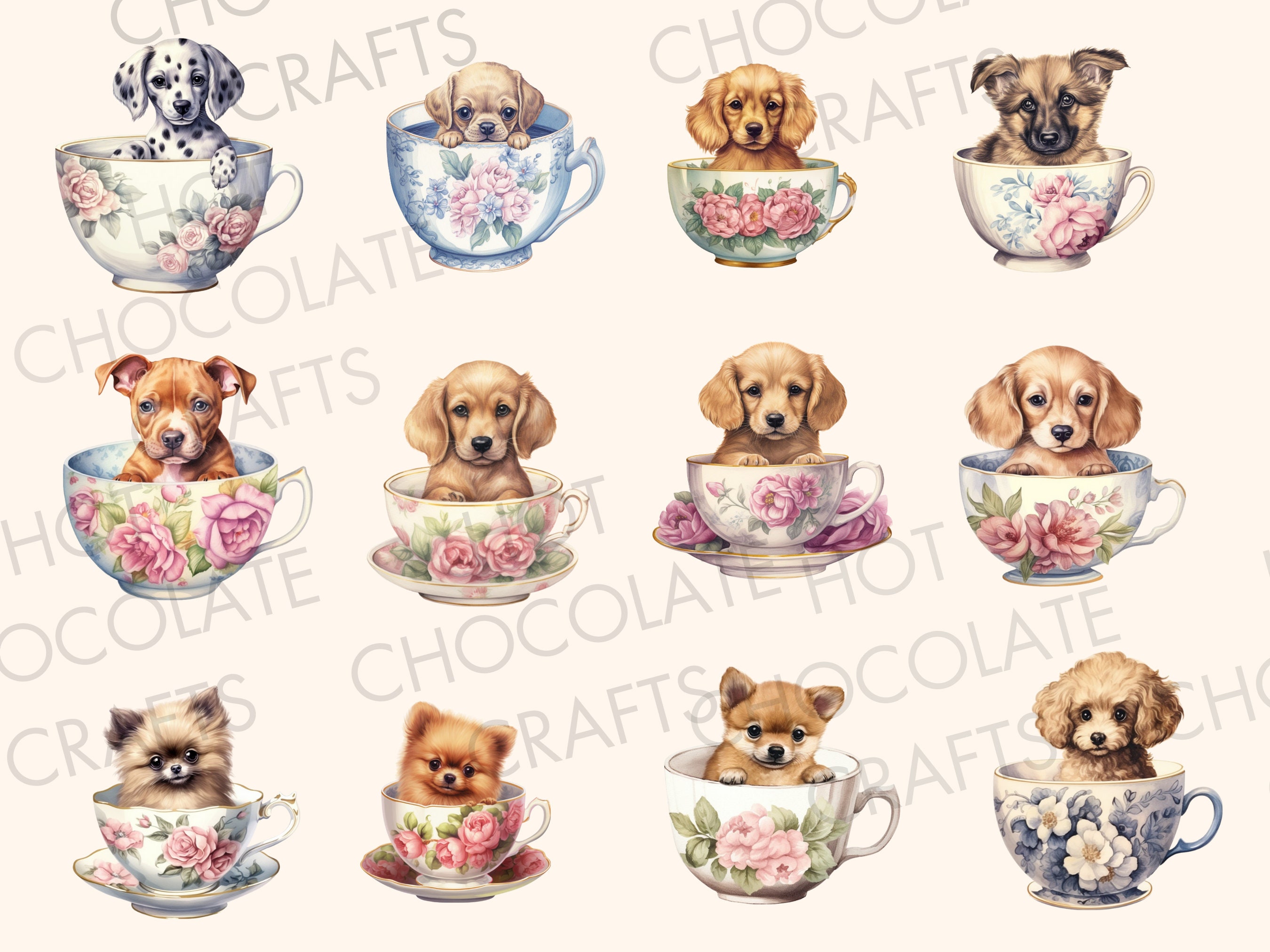 31 Teacup Puppies Dogs Watercolor Clipart PNG Sublimation Bundle ...