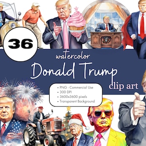 36 Pacchetto di clipart ad acquerello di Donald Trump, pacchetto di sublimazione PNG Grafica per uso commerciale Immagini divertenti del Presidente dell'America patriottica USA