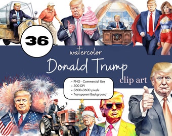 36 Donald Trump Watercolor Clipart Bundle, PNG Sublimation Bundle Commercial Use Graphics Funny President Patriotic America USA Images