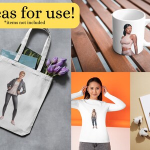 May include: A mockup of different products featuring a woman in athletic wear. The products include a tote bag, a mug, a t-shirt, and a print. The text "Ideas for use! *items not included" is at the top of the image.